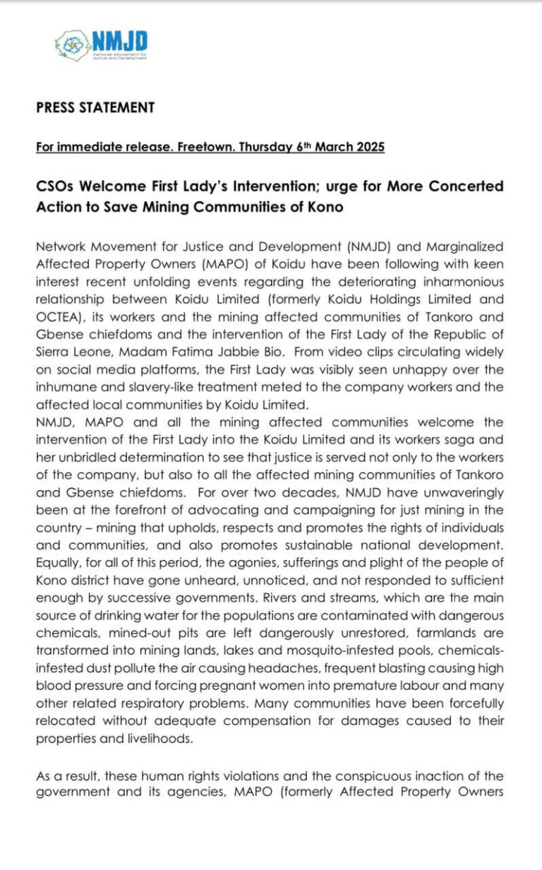 CSOs Welcome First Lady’s Intervention; Urge for More Concerted Action to Save Mining Communities of Kono