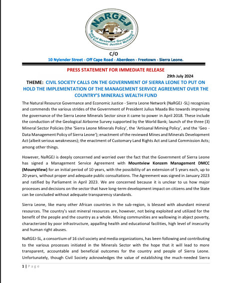 CIVIL SOCIETY CALLS ON THE GOVERNMENT OF SIERRA LEONE TO PUT ON HOLD THE IMPLEMENTATION OF THE MANAGEMENT SERVICE AGREEMENT OVER THE COUNTRY’S MINERALS WEALTH FUND