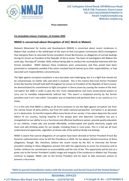 NMJD press statement on Makeni_12 October 2020